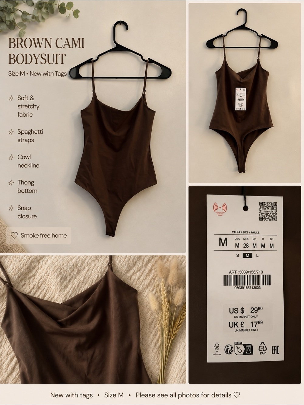 Zara Brown Cowl Neck Cami Bodysuit